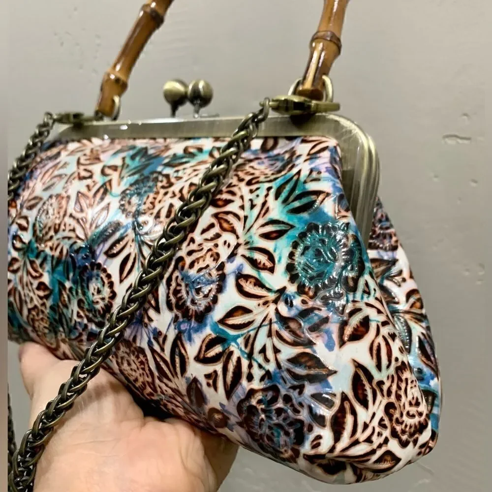 Handmade Genuine Leather Floral Embossed Real bamboo Handle Satchel/Crossbody